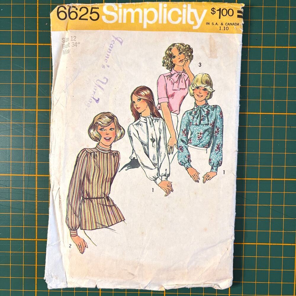 Vtg 70s Simplicity Pattern 6625 Size 12 Bust 34 Misses Blouse & Scarf Shirt Cut